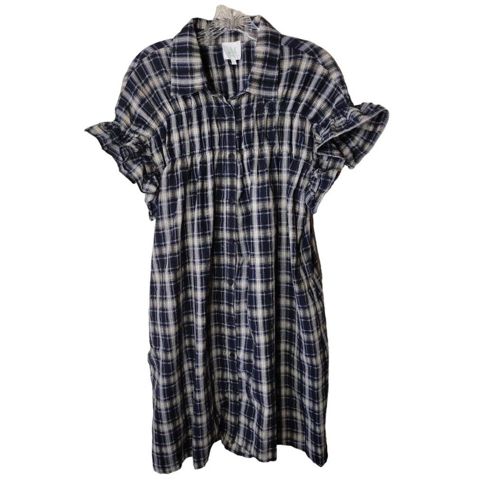 Mint Dress Large Ruffle Sleeve Button Down With Pockets Plaid